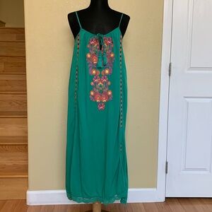 Sundance embroidered long green cami strap sun summer dress M Medium FLAWS!